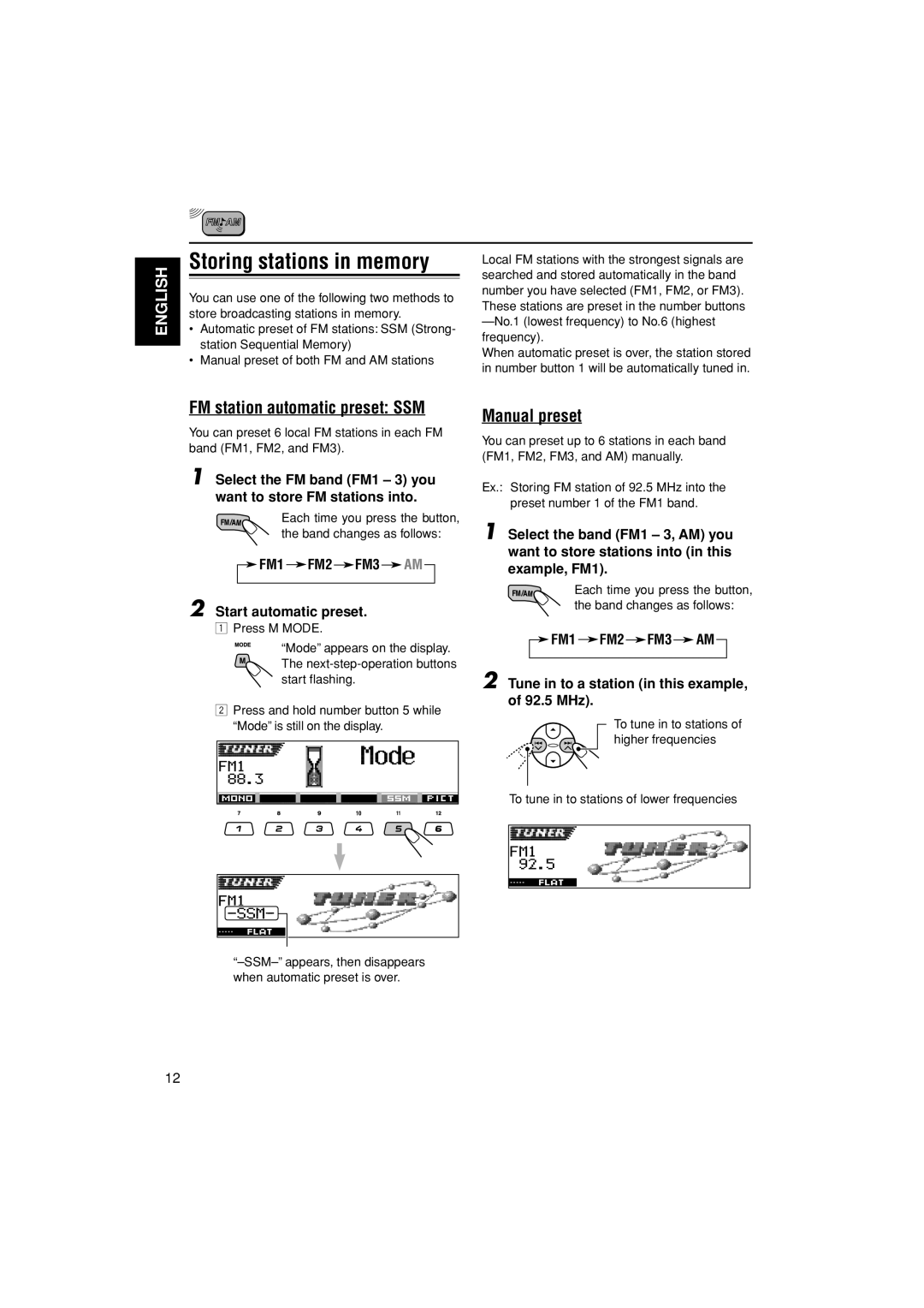 JVC KD-LH305 manual Storing stations in memory, FM station automatic preset SSM, Manual preset 