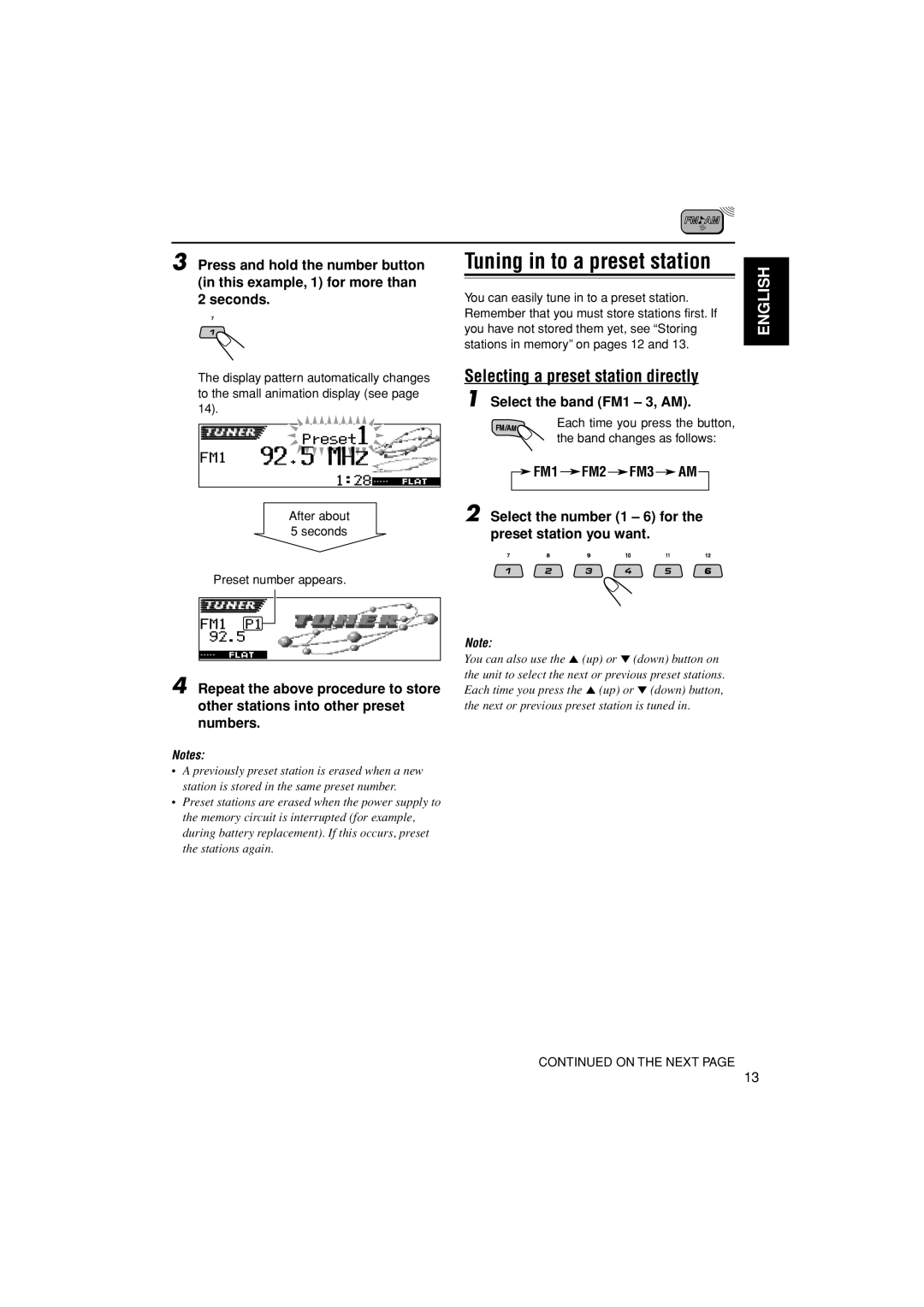 JVC KD-LH305 manual Selecting a preset station directly, After about 5 seconds Preset number appears 