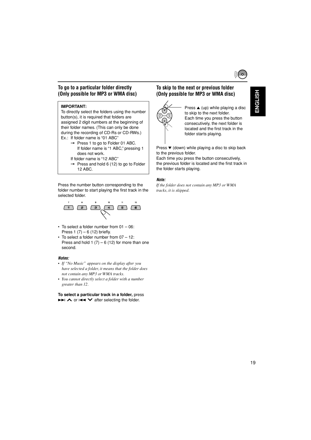 JVC KD-LH305 manual To select a particular track in a folder, press, ¢ or 4 after selecting the folder 