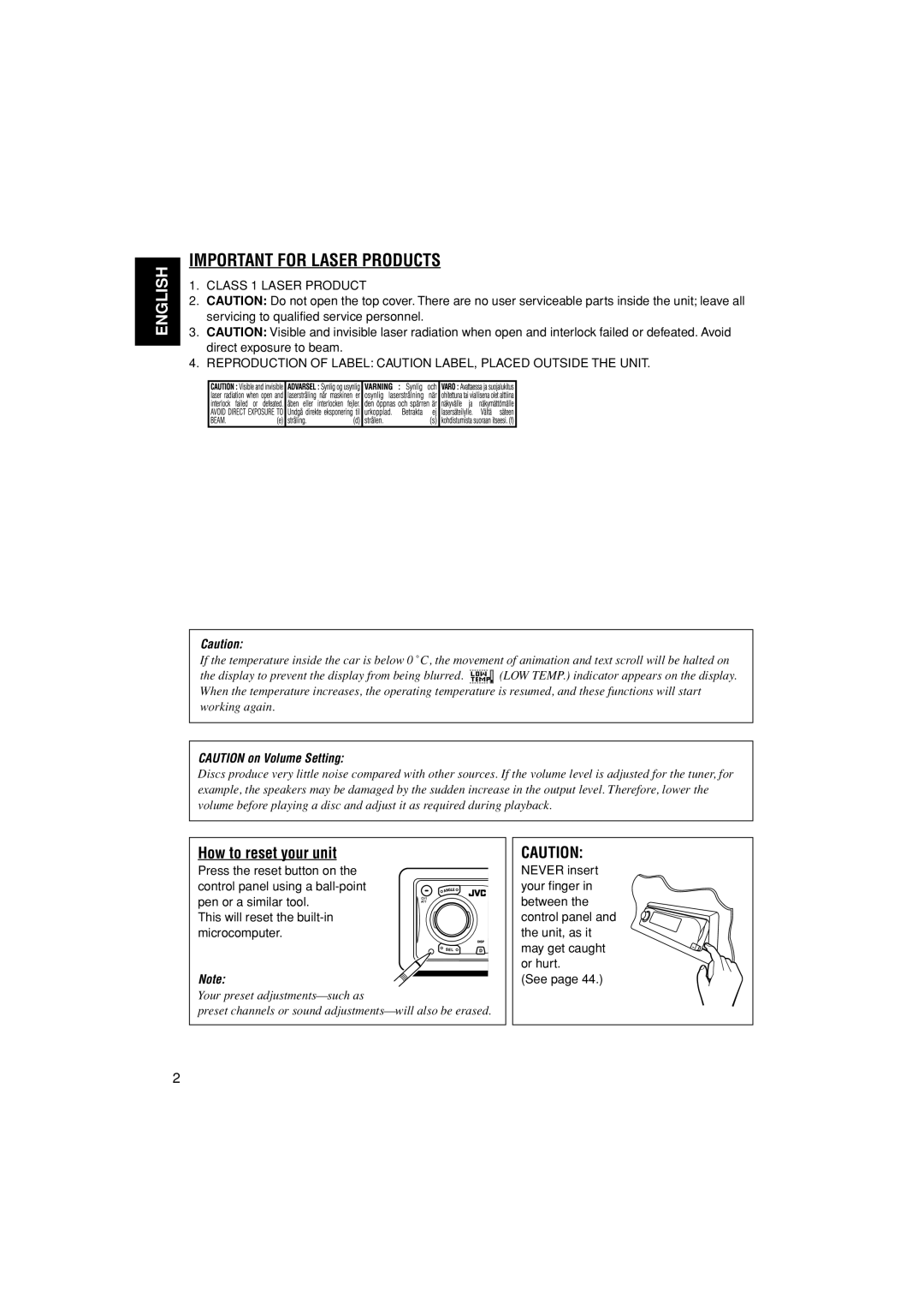 JVC KD-LH305 manual Important for Laser Products, How to reset your unit 