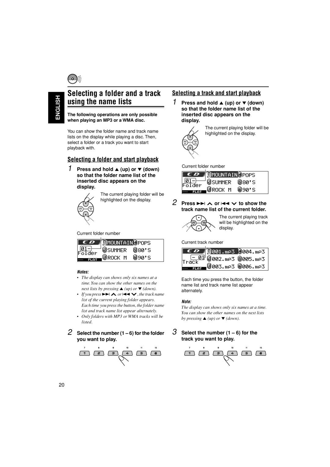 JVC KD-LH305 manual Using the name lists, Selecting a track and start playback, Selecting a folder and start playback 