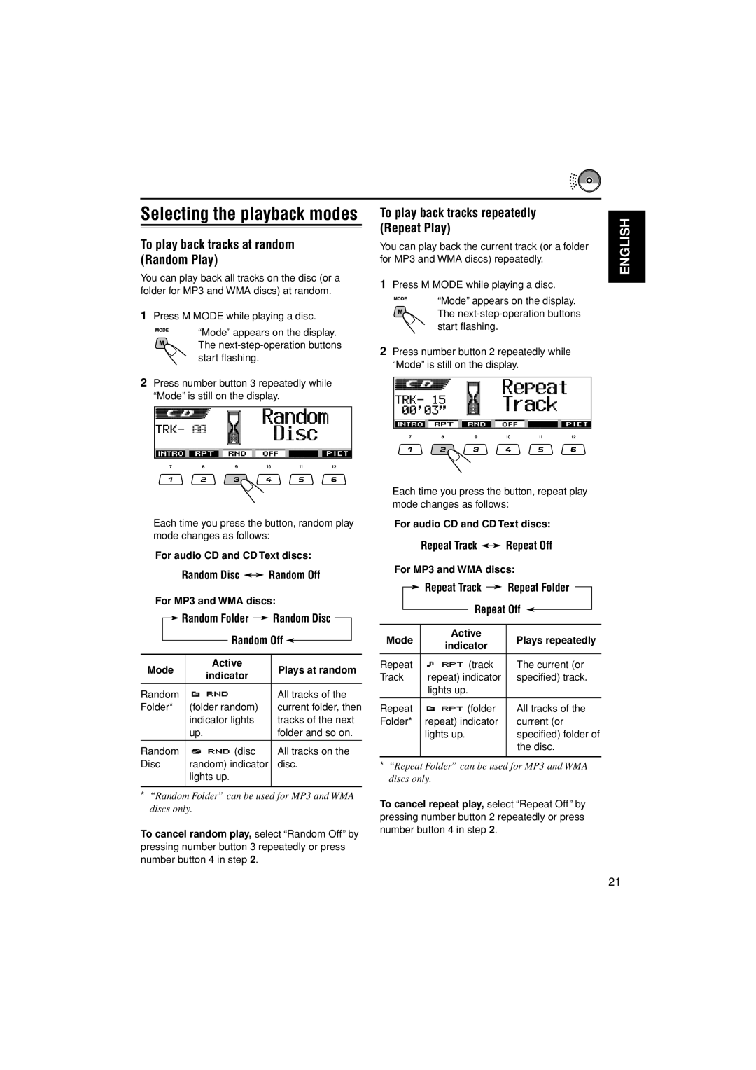 JVC KD-LH305 manual To play back tracks at random Random Play, To play back tracks repeatedly Repeat Play 