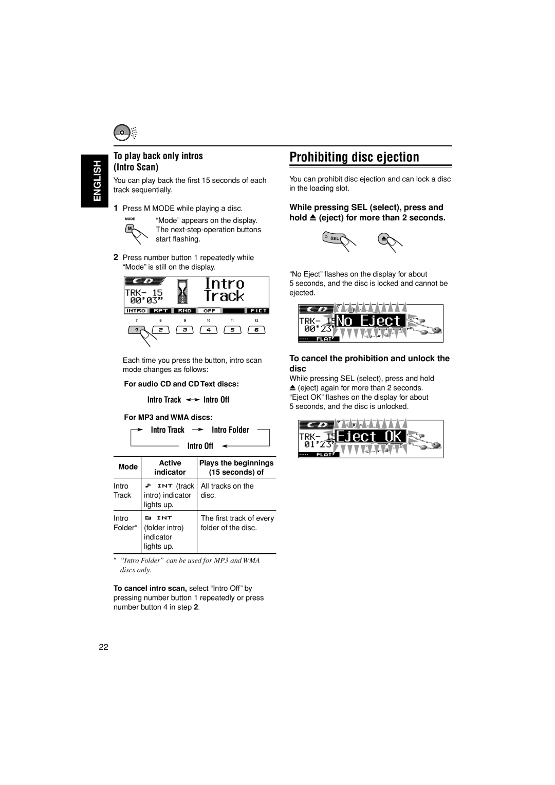 JVC KD-LH305 manual Prohibiting disc ejection, To play back only intros Intro Scan, Intro Track Intro Off 