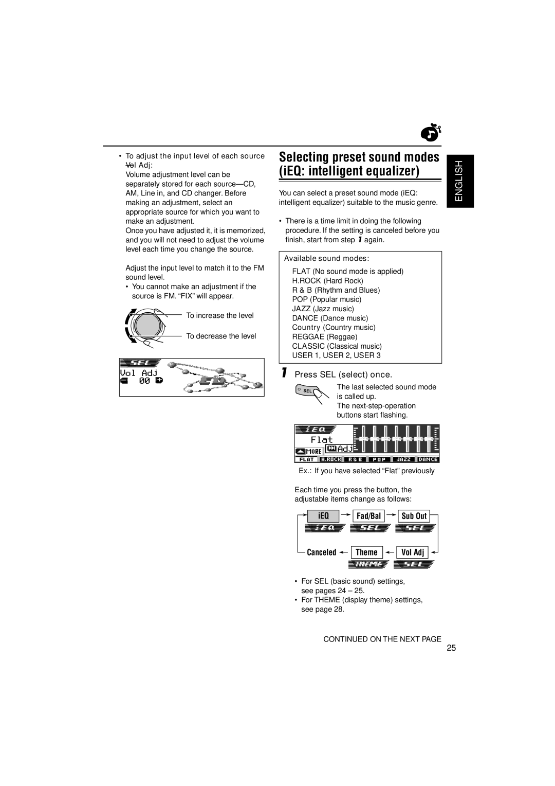 JVC KD-LH305 manual Selecting preset sound modes iEQ intelligent equalizer, Press SEL select once, Available sound modes 