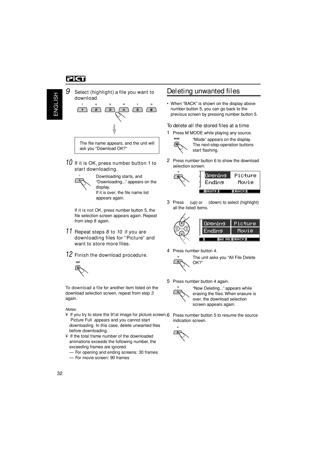 JVC KD-LH305 manual Deleting unwanted files, To delete all the stored files at a time, Select highlight a file you want to 