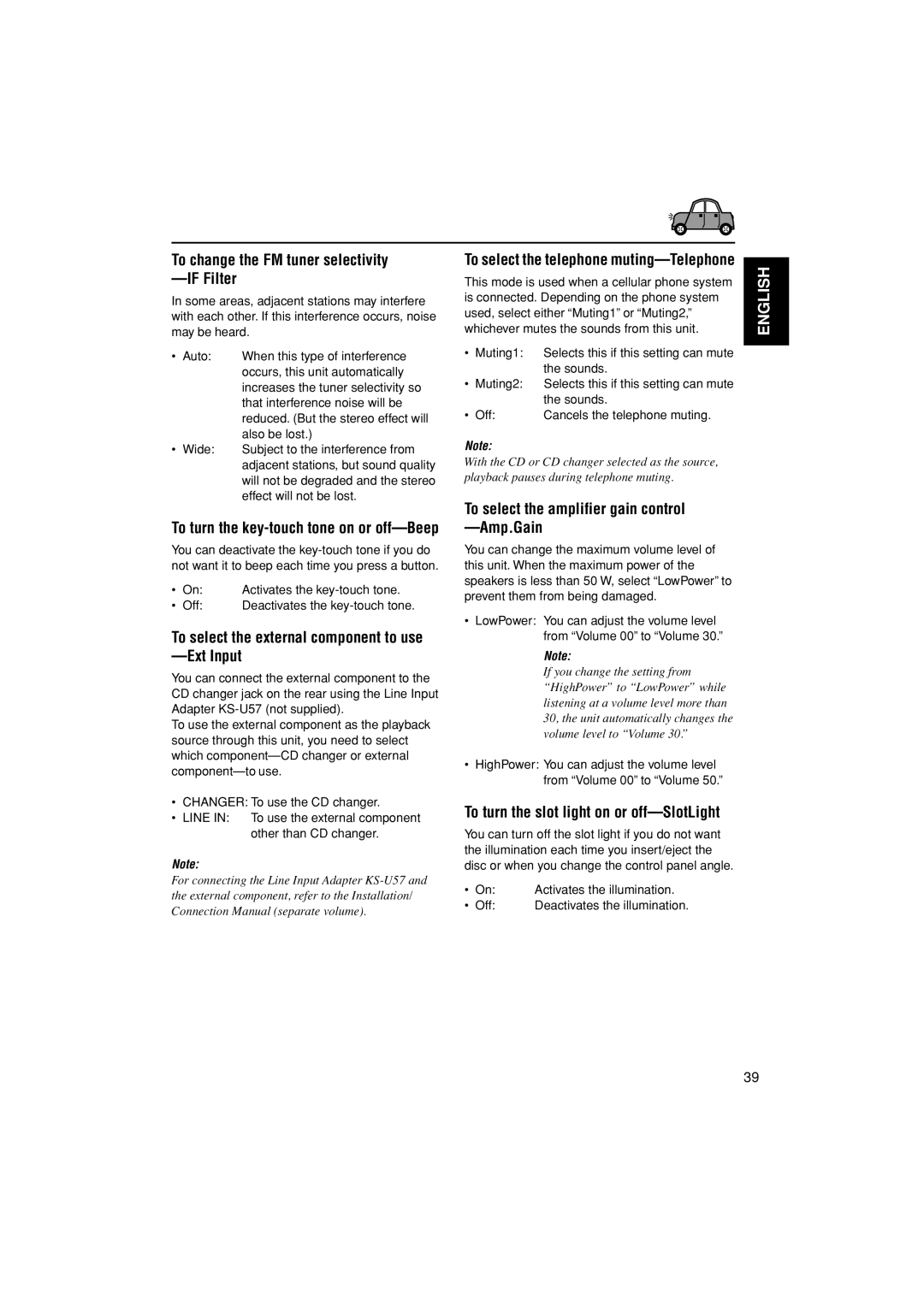 JVC KD-LH305 manual To change the FM tuner selectivity If Filter, Ext Input, To select the amplifier gain control Amp.Gain 