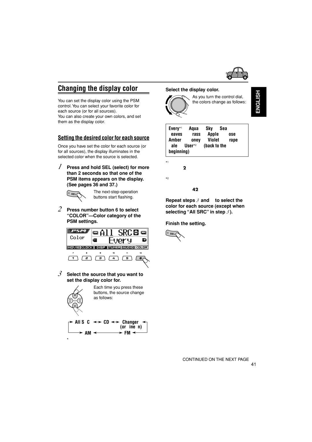 JVC KD-LH305 Changing the display color, Setting the desired color for each source, All SRC* CD Changer Or Line AM FM 