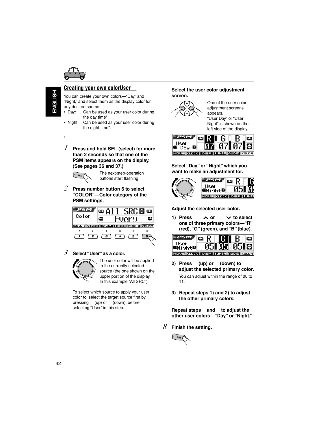 JVC KD-LH305 manual Creating your own color-User, Select the user color adjustment screen 