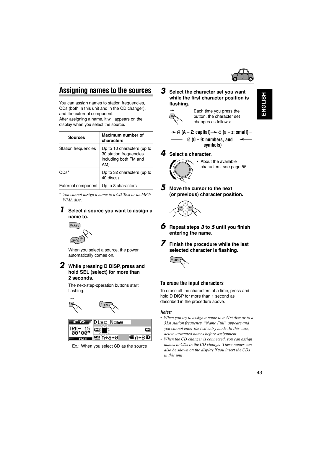 JVC KD-LH305 manual To erase the input characters, Select a source you want to assign a name to 