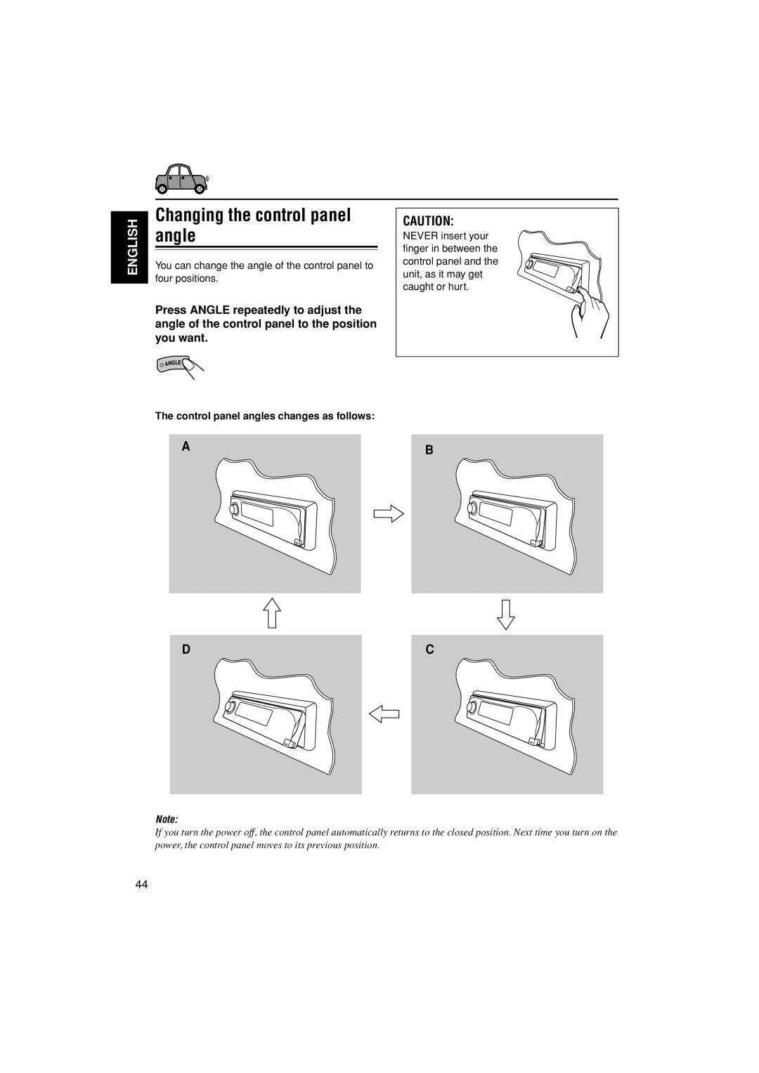 JVC KD-LH305 manual Changing the control panel angle, Control panel angles changes as follows 