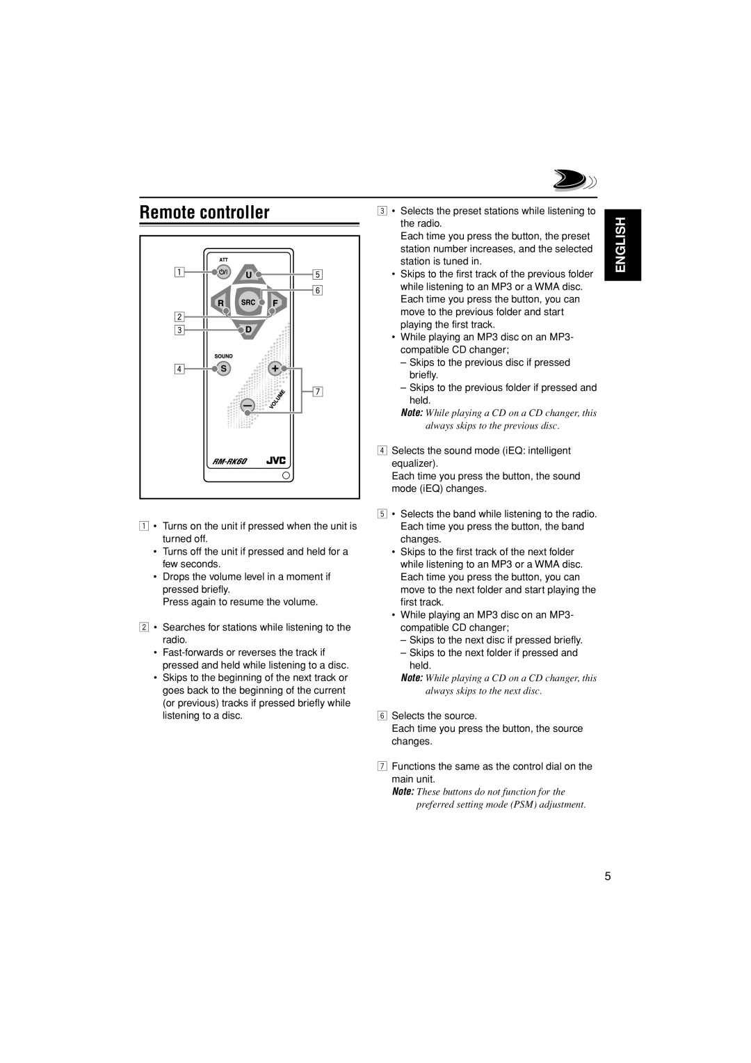 JVC KD-LH305 manual Remote controller 