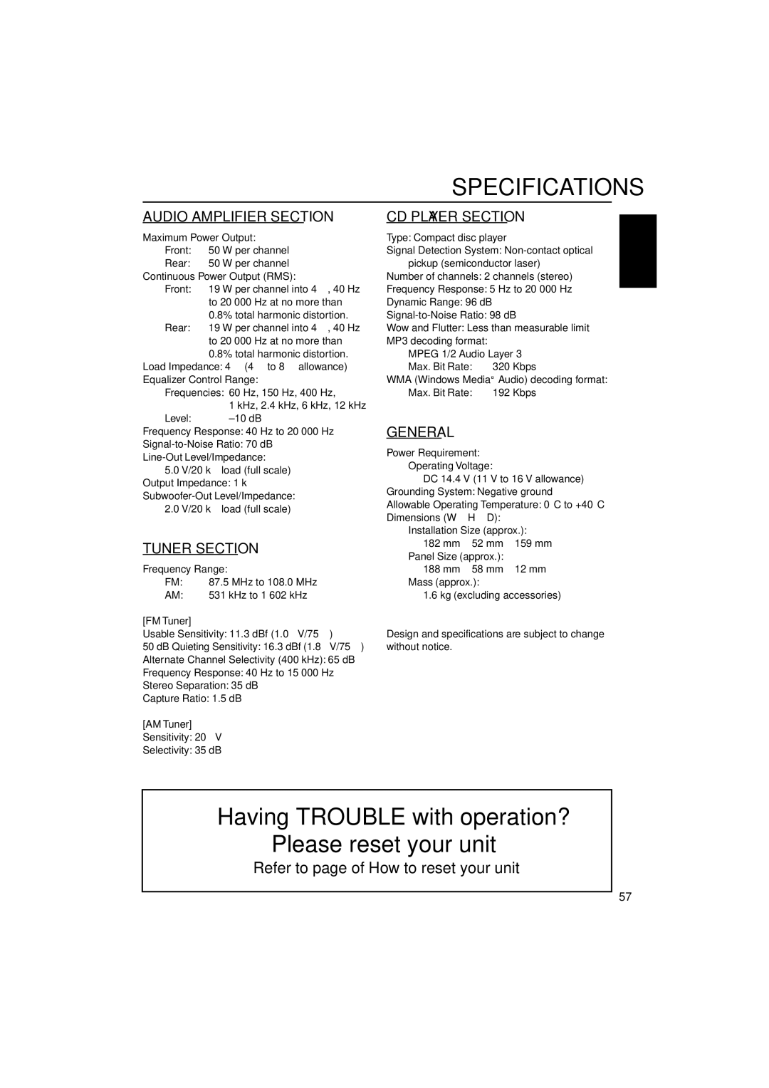 JVC KD-LH305 manual Specifications, FM Tuner, AM Tuner 