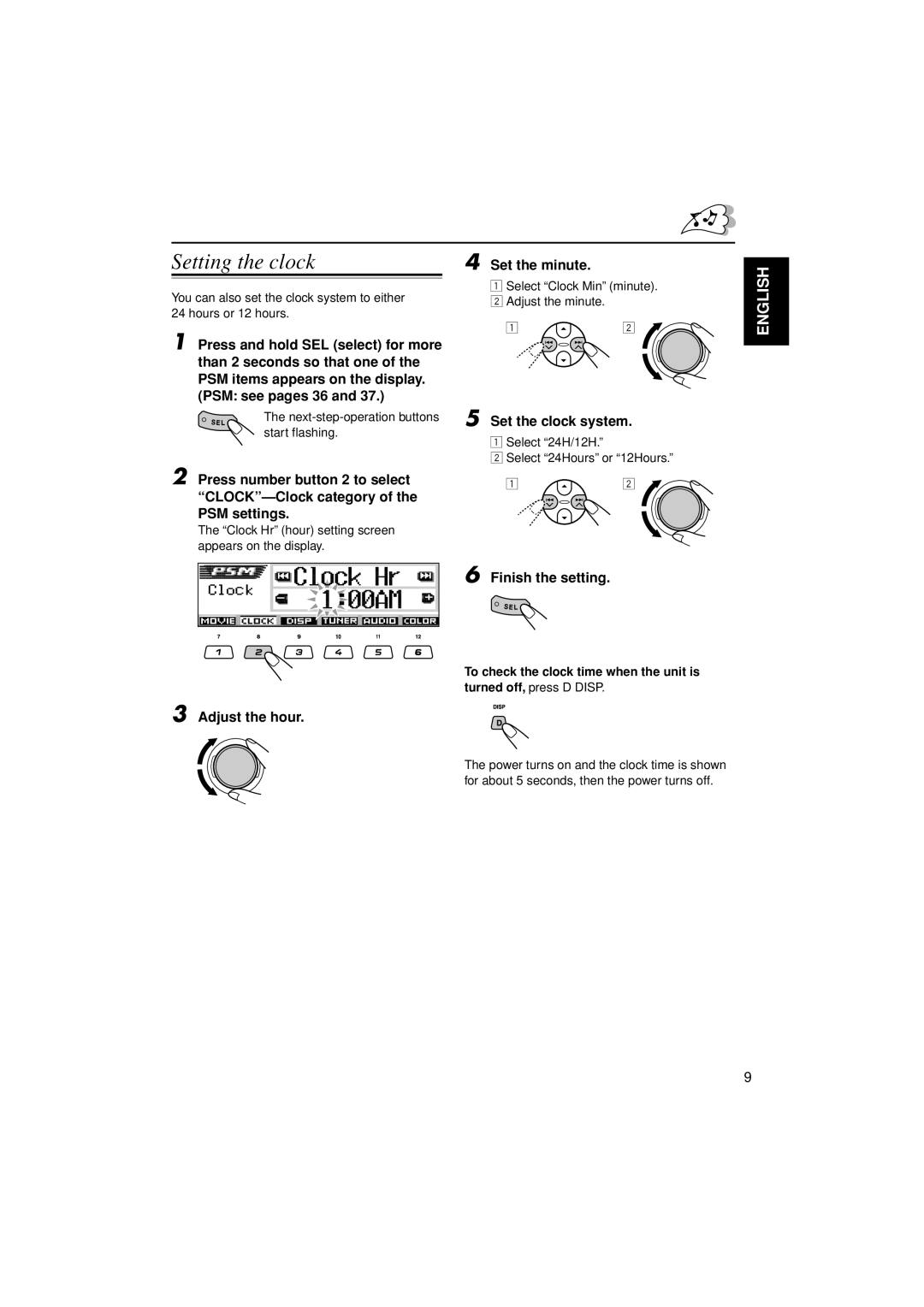 JVC KD-LH305 manual Setting the clock, Set the minute, Press number button 2 to select, CLOCK-Clock category PSM settings 