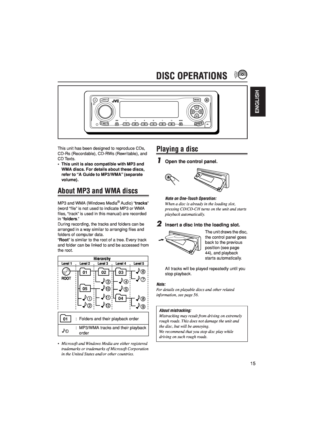 JVC KD-LH305 manual Disc Operations, About MP3 and WMA discs, Playing a disc, English, Open the control panel, Hierarchy 
