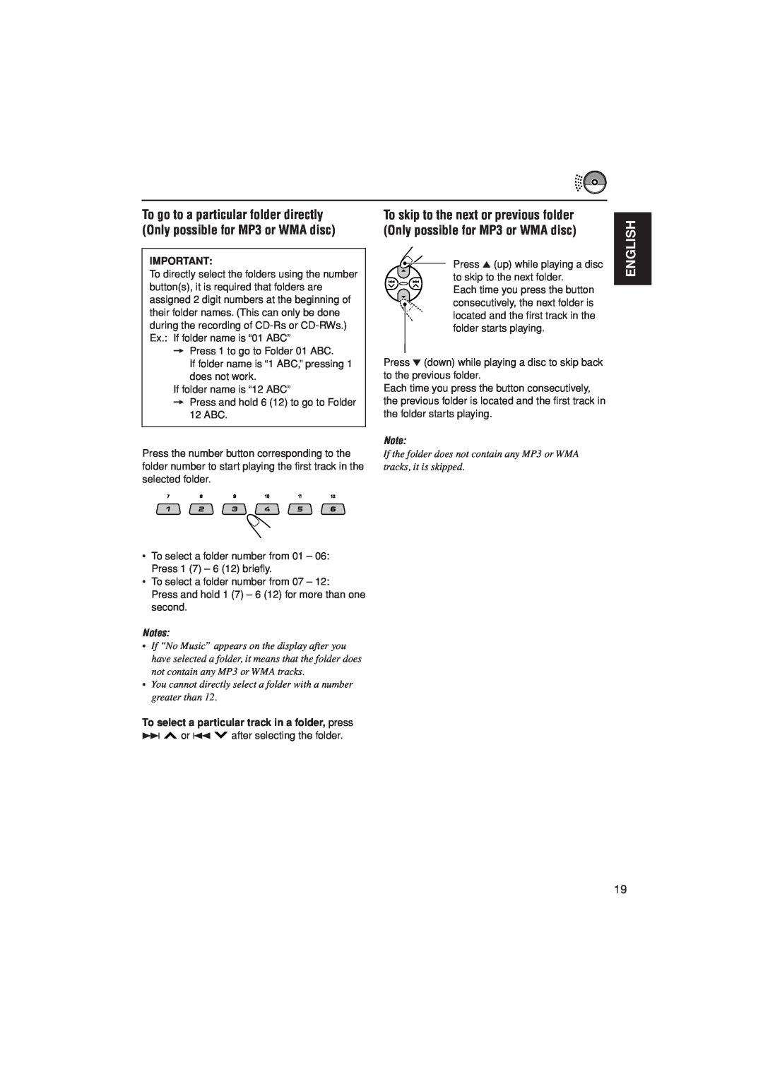 JVC KD-LH305 manual English, To select a particular track in a folder, press 