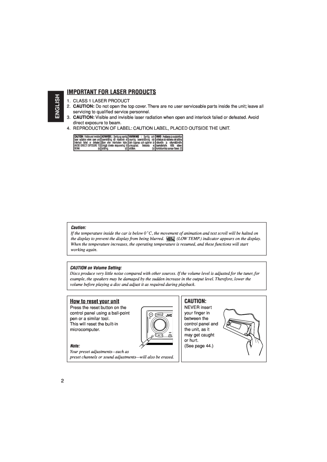 JVC KD-LH305 manual Important For Laser Products, English, How to reset your unit, CAUTION on Volume Setting 