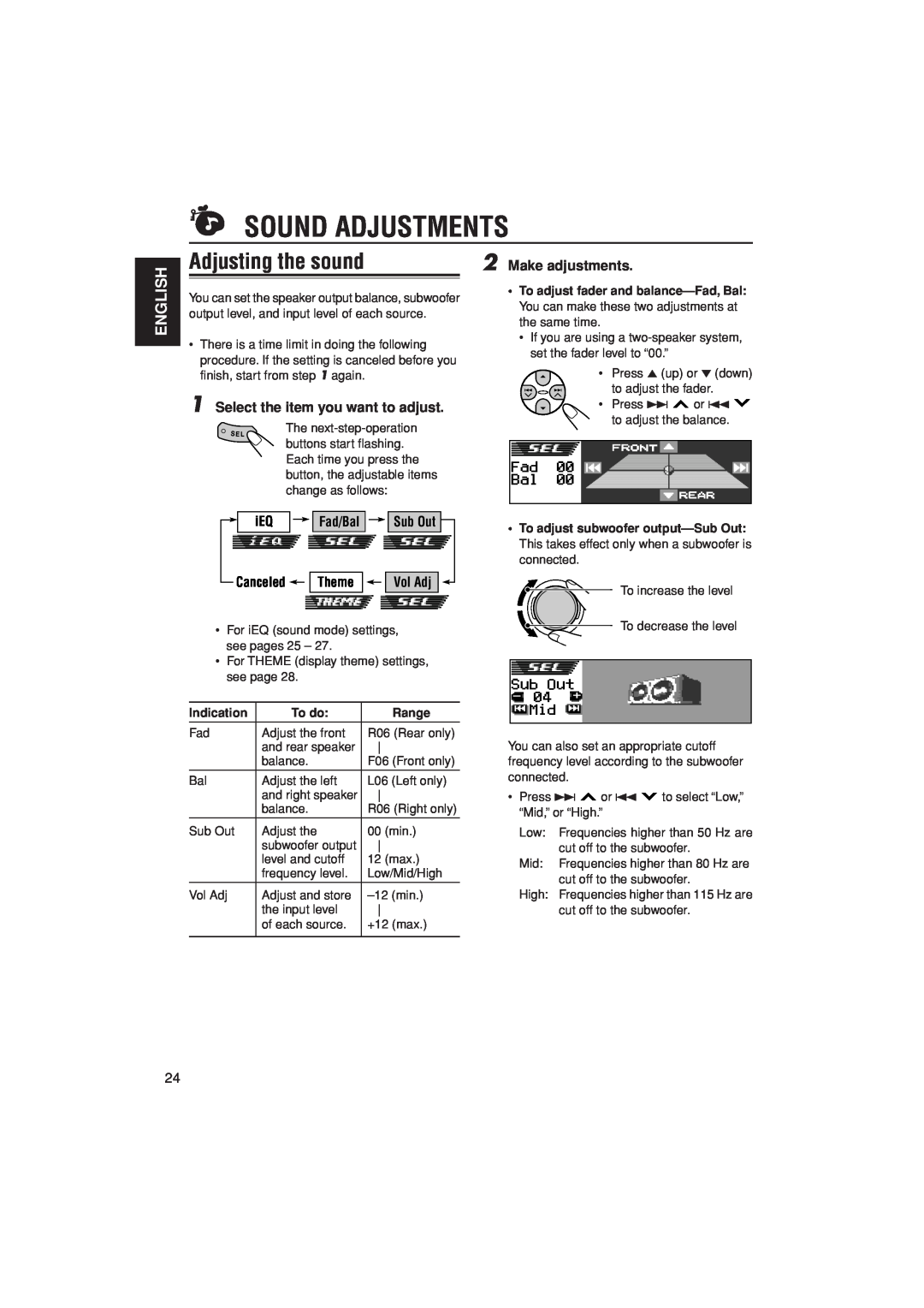 JVC KD-LH305 Sound Adjustments, Adjusting the sound, Make adjustments, English, Select the item you want to adjust, To do 