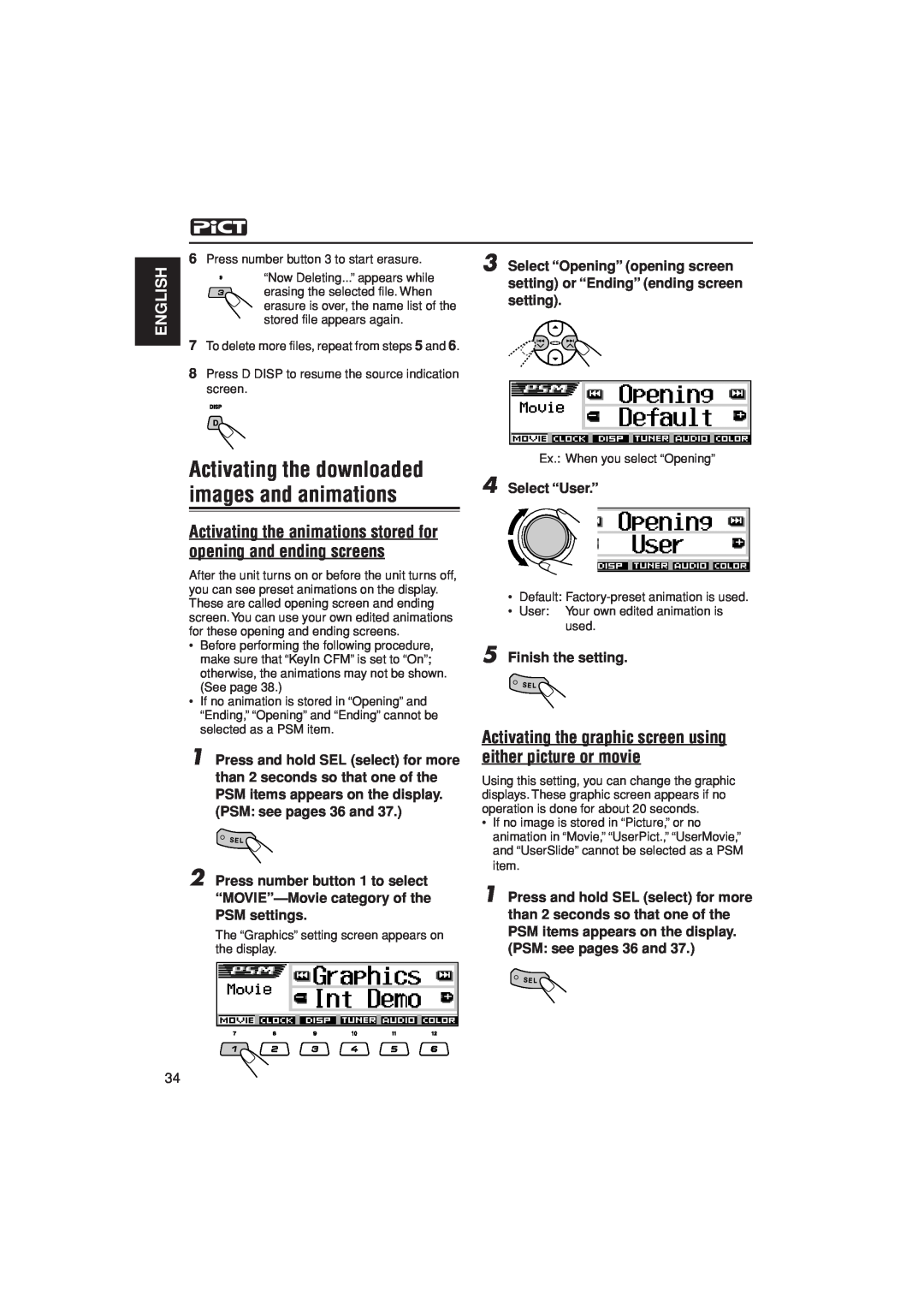 JVC KD-LH305 manual Activating the downloaded images and animations, English, Select “Opening” opening screen, setting 