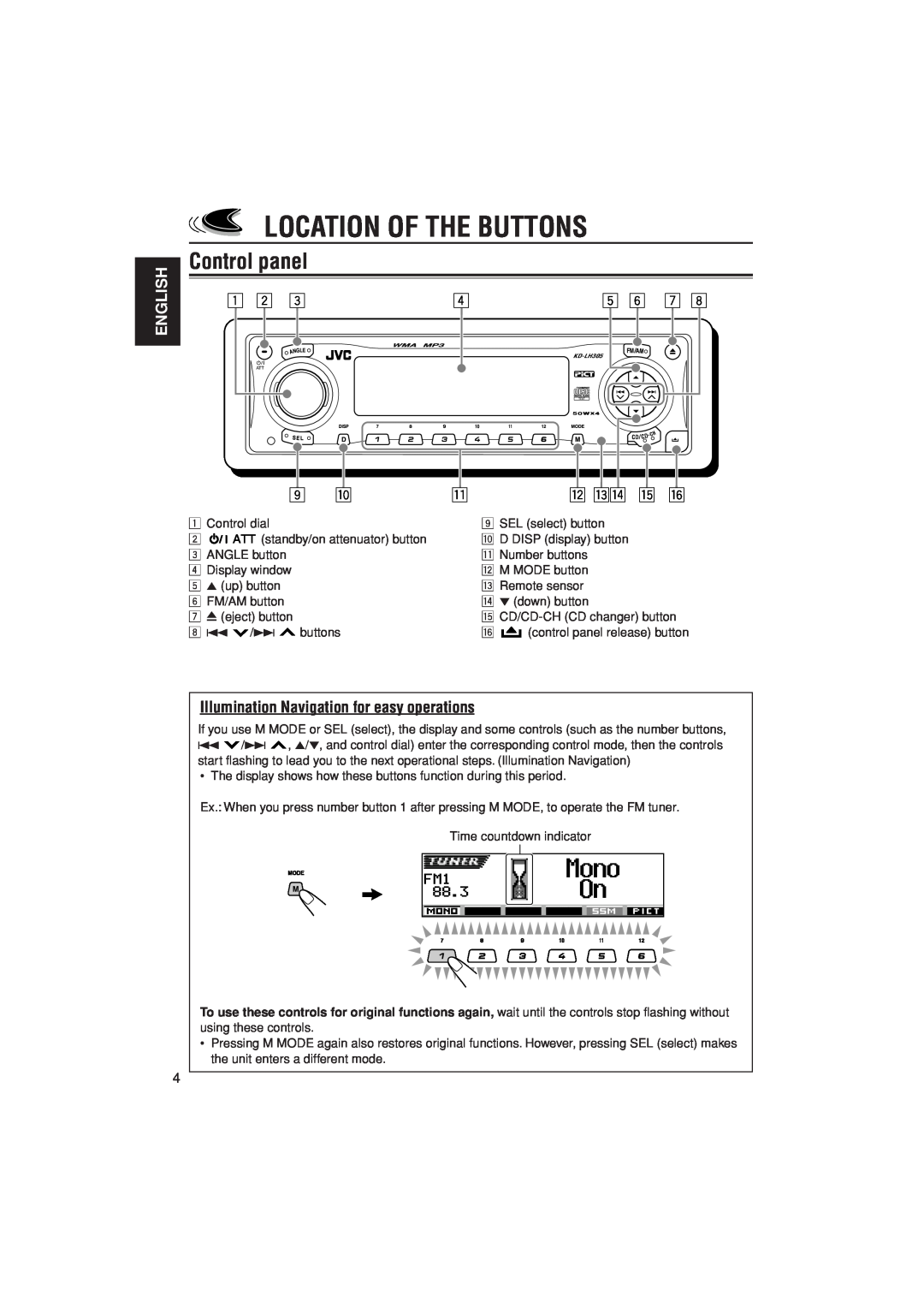 JVC KD-LH305 manual Location Of The Buttons, Control panel, w er t y, English, Illumination Navigation for easy operations 