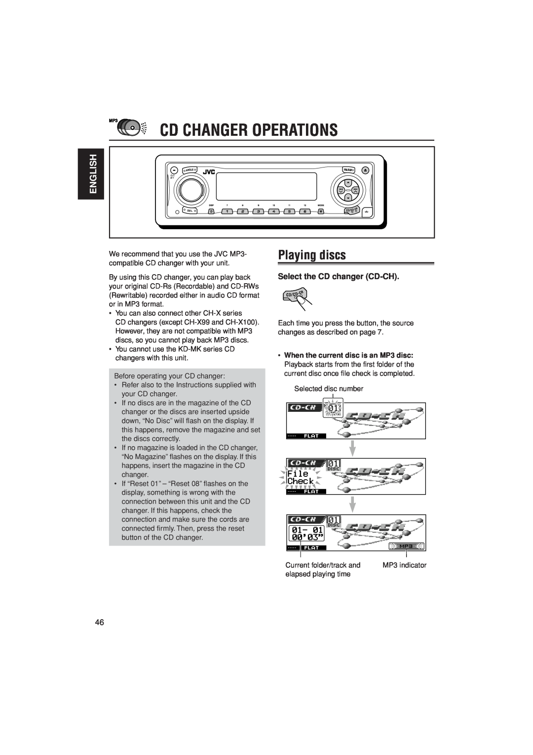JVC KD-LH305 manual Cd Changer Operations, Playing discs, English, Select the CD changer CD-CH 