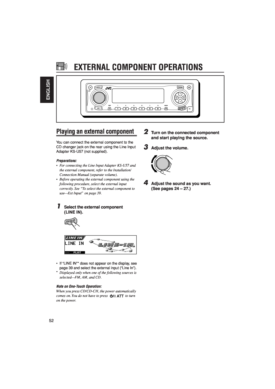 JVC KD-LH305 External Component Operations, Playing an external component, English, Select the external component LINE IN 