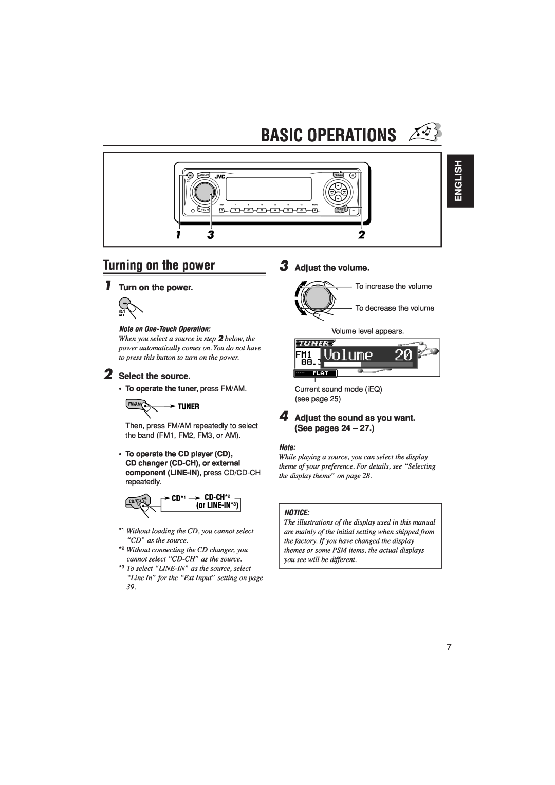 JVC KD-LH305 Turning on the power, Basic Operations, English, Turn on the power, Select the source, Adjust the volume 