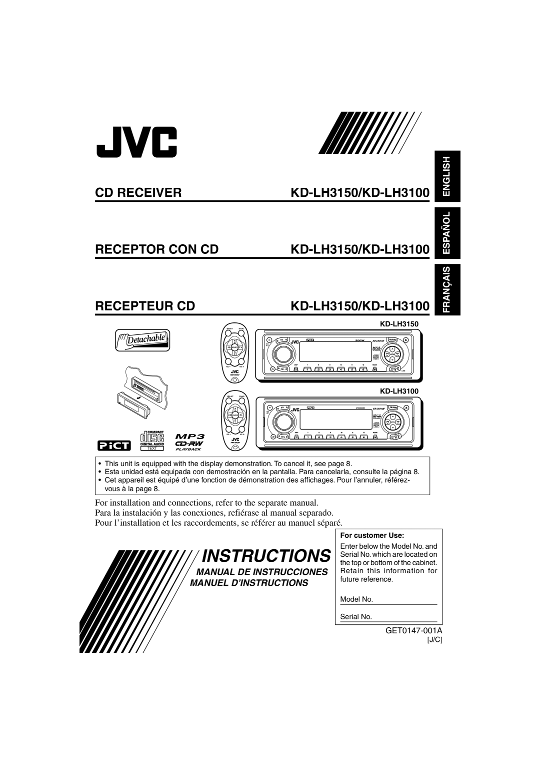 JVC KD-LH3150 manual KD-LH3100, For customer Use, Model No Serial No 