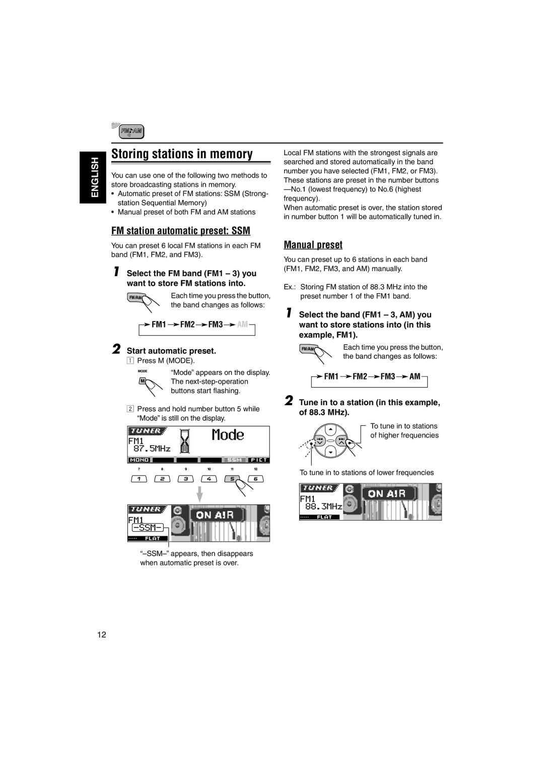 JVC KD-LH3100, KD-LH3150 manual Storing stations in memory, FM station automatic preset SSM, Manual preset 