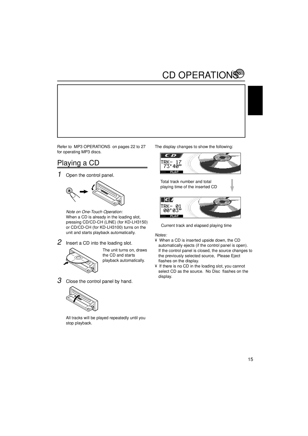 JVC KD-LH3150, KD-LH3100 manual CD Operations, Playing a CD, Open the control panel, Insert a CD into the loading slot 