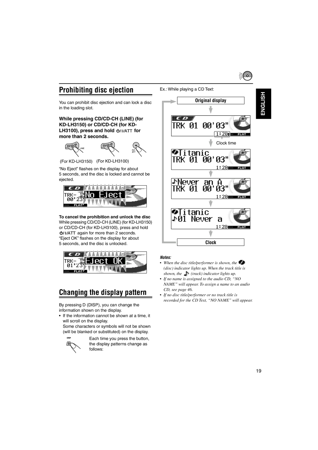 JVC KD-LH3150, KD-LH3100 Prohibiting disc ejection, Original display, Clock, To cancel the prohibition and unlock the disc 