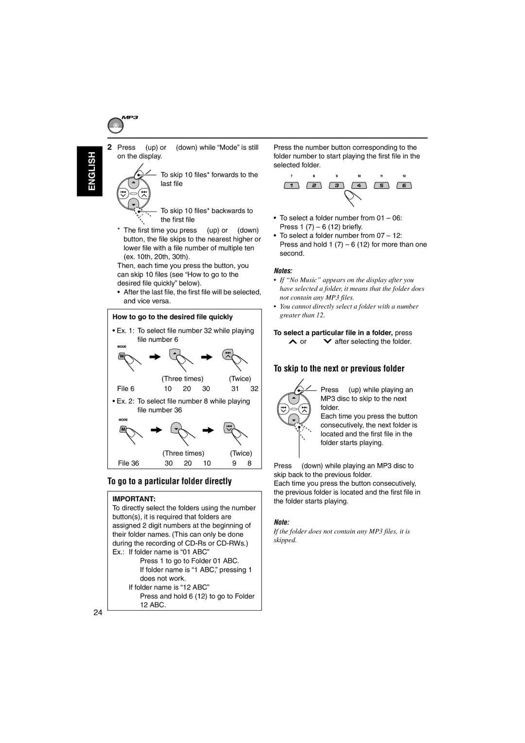 JVC KD-LH3100, KD-LH3150 manual To go to a particular folder directly, To skip to the next or previous folder 