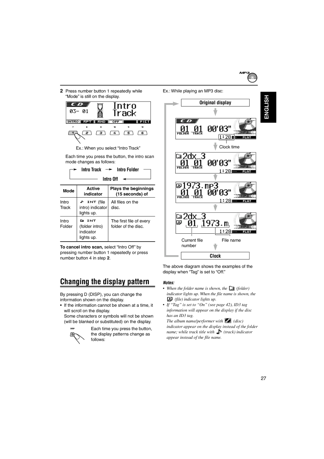 JVC KD-LH3150, KD-LH3100 manual Intro Track Intro Folder Intro Off, Seconds, Clock time Current file File name Number 