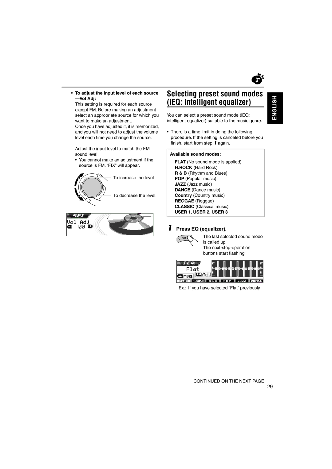 JVC KD-LH3150, KD-LH3100 manual Press EQ equalizer, To adjust the input level of each source -Vol Adj, Available sound modes 