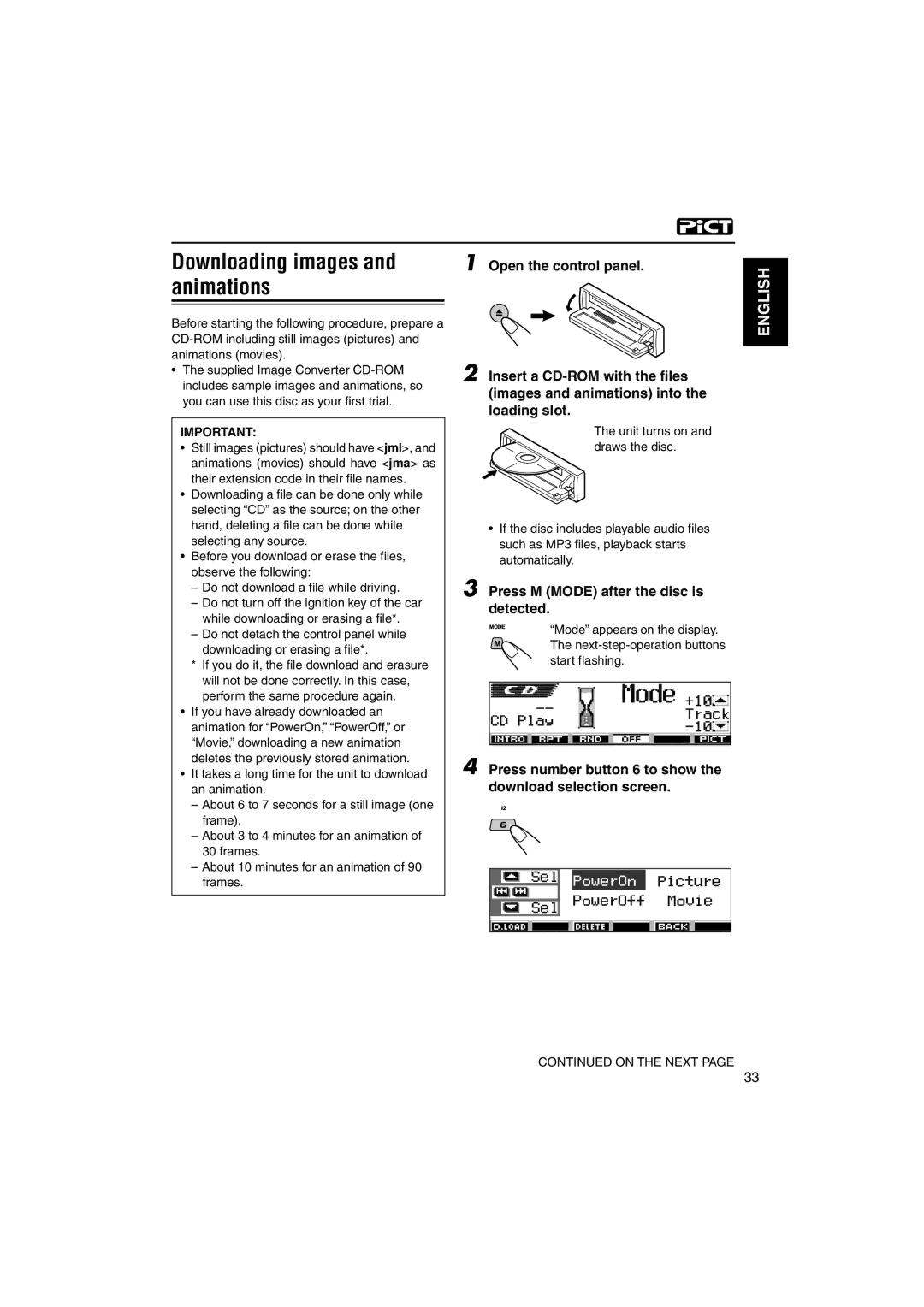 JVC KD-LH3150, KD-LH3100 manual Downloading images and animations, Press M Mode after the disc is detected, Start flashing 