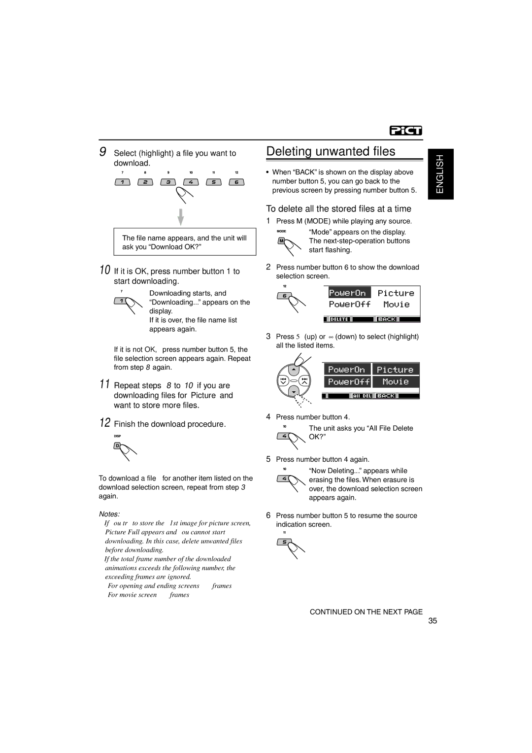 JVC KD-LH3150 manual Deleting unwanted files, To delete all the stored files at a time, Select highlight a file you want to 