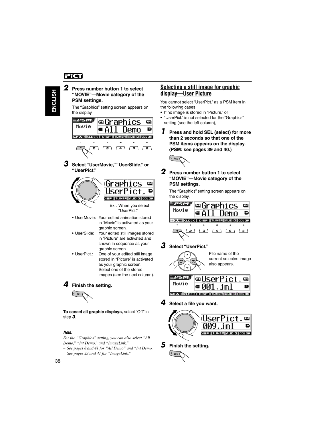 JVC KD-LH3100 manual Select UserMovie, UserSlide, or UserPict, Select UserPict, Select a file you want Finish the setting 