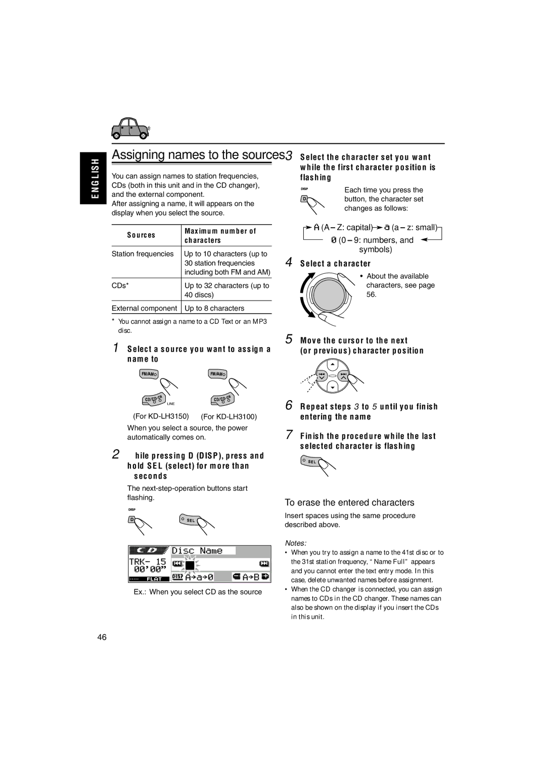 JVC KD-LH3100 manual Assigning names to the sources, While pressing D DISP, press, Numbers, and symbols Select a character 