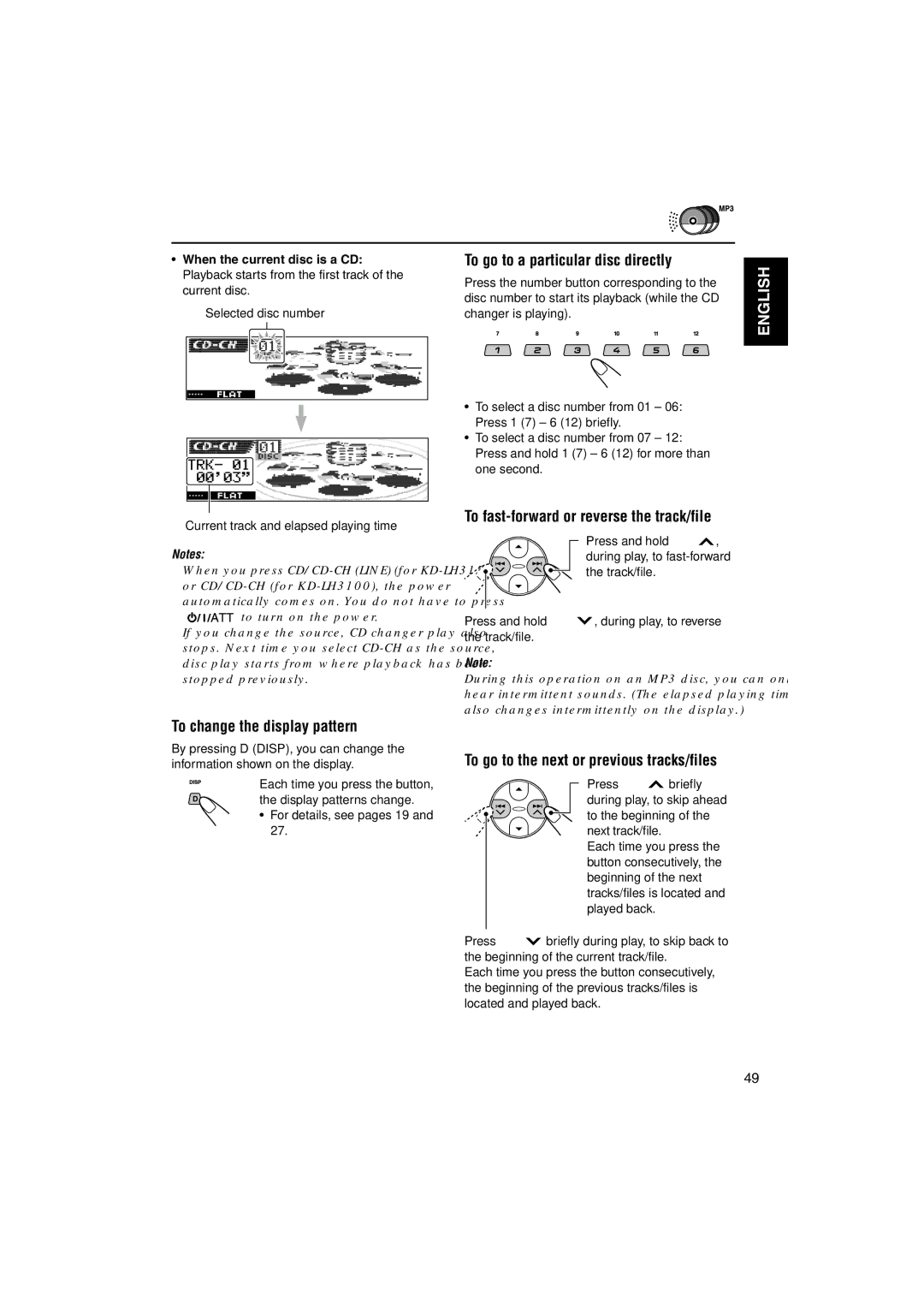 JVC KD-LH3150, KD-LH3100 manual To change the display pattern, To go to a particular disc directly 