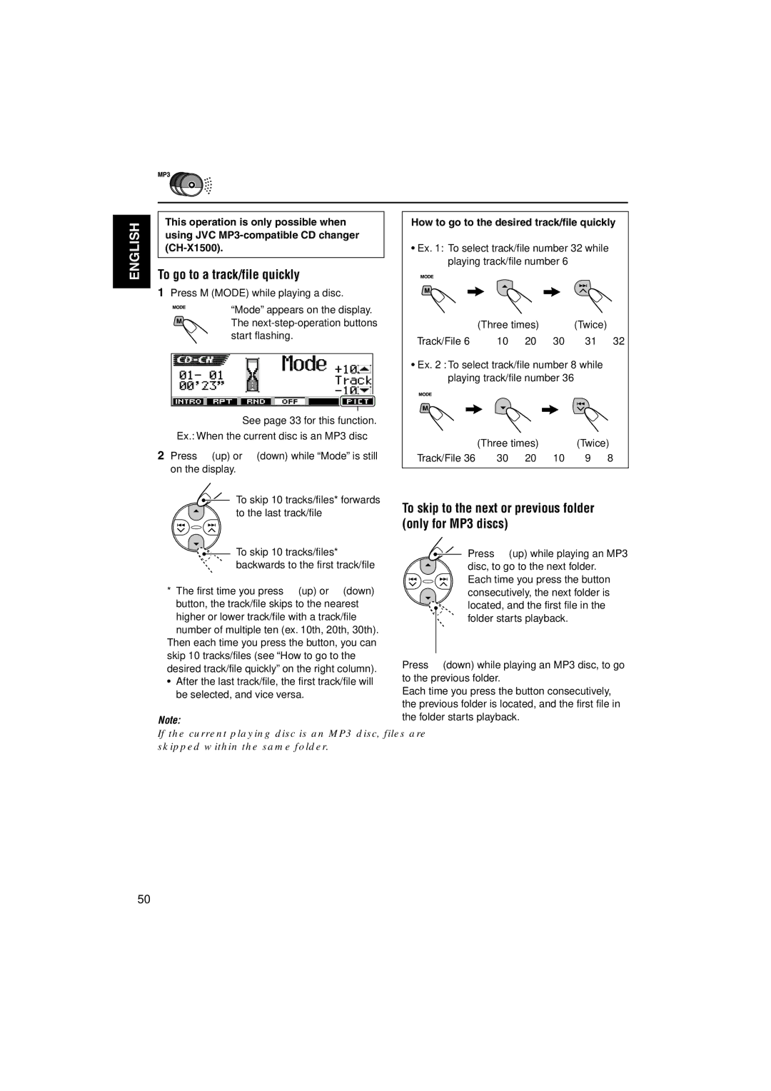 JVC KD-LH3100, KD-LH3150 manual To go to a track/file quickly, To skip to the next or previous folder only for MP3 discs 