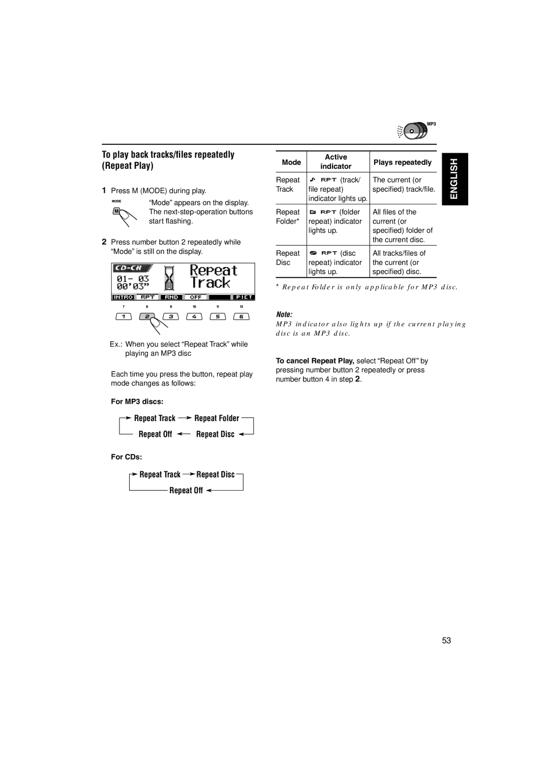 JVC KD-LH3150 manual To play back tracks/files repeatedly Repeat Play, Repeat Track Repeat Folder Repeat Off Repeat Disc 