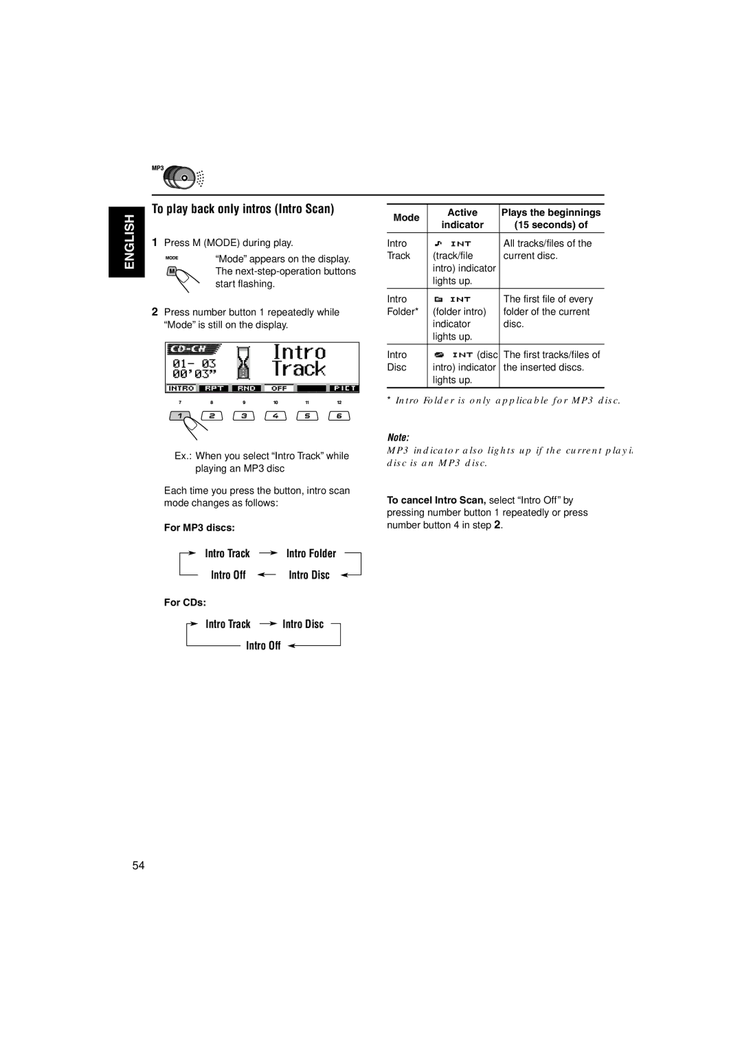 JVC KD-LH3100 Indicator Seconds, Disc Intro indicator Inserted discs Lights up, To cancel Intro Scan, select Intro Off by 