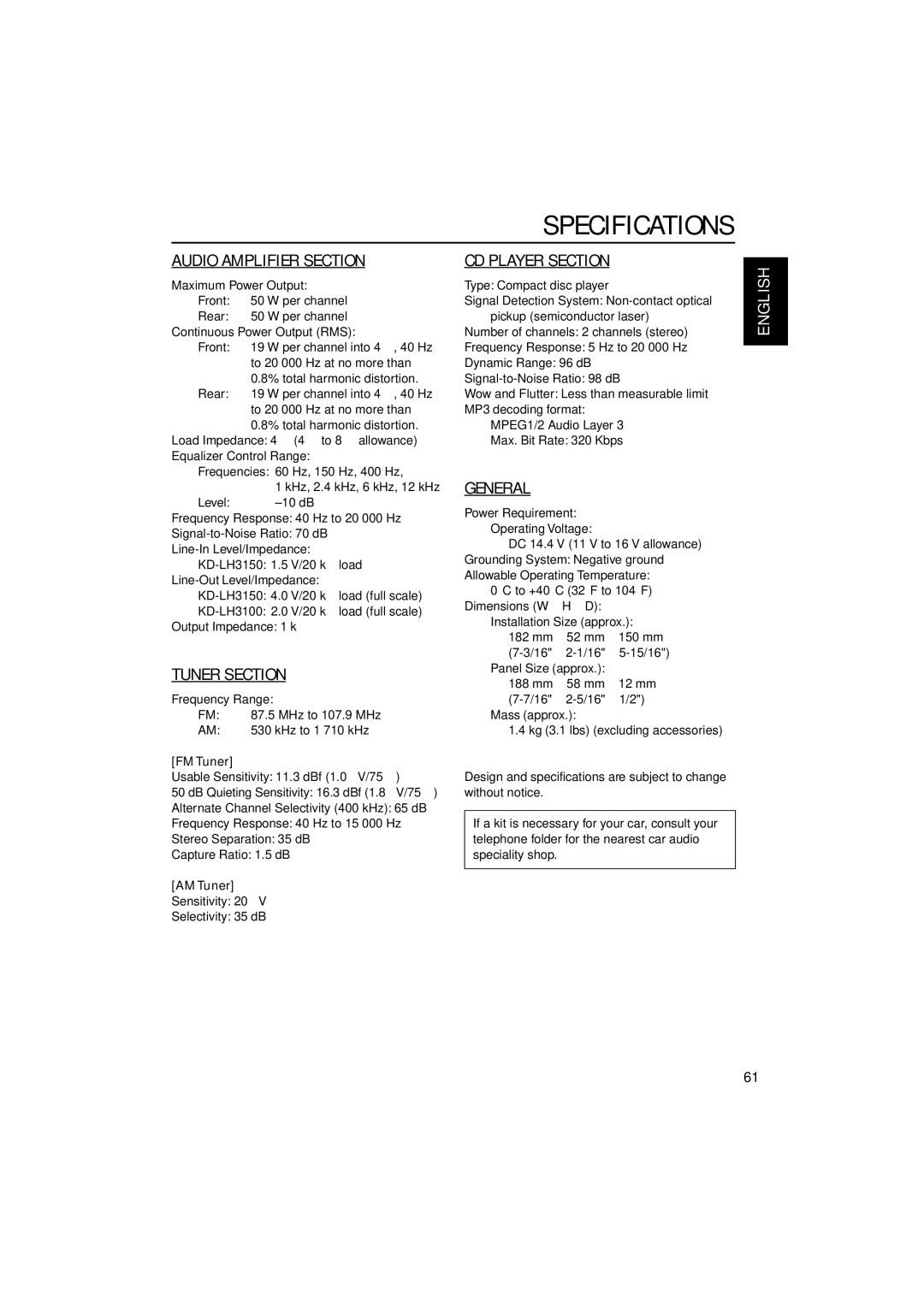 JVC KD-LH3150, KD-LH3100 manual Specifications, FM Tuner, AM Tuner 