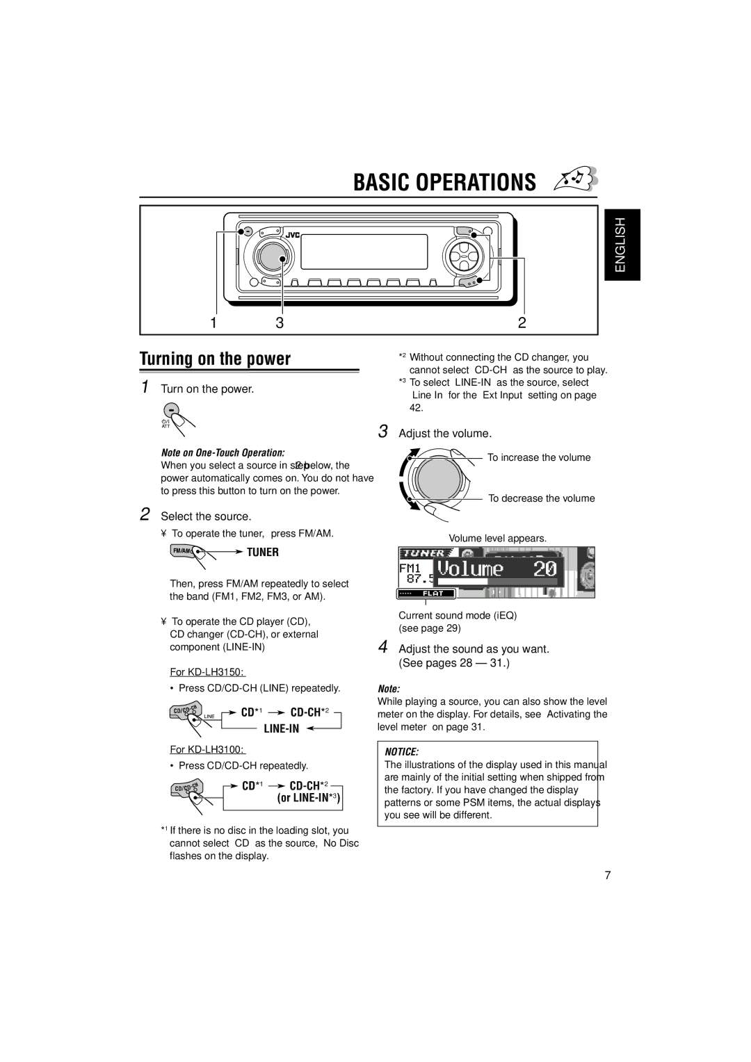 JVC KD-LH3150, KD-LH3100 manual Basic Operations, Select the source, CD*1 CD-CH*2, Adjust the volume 