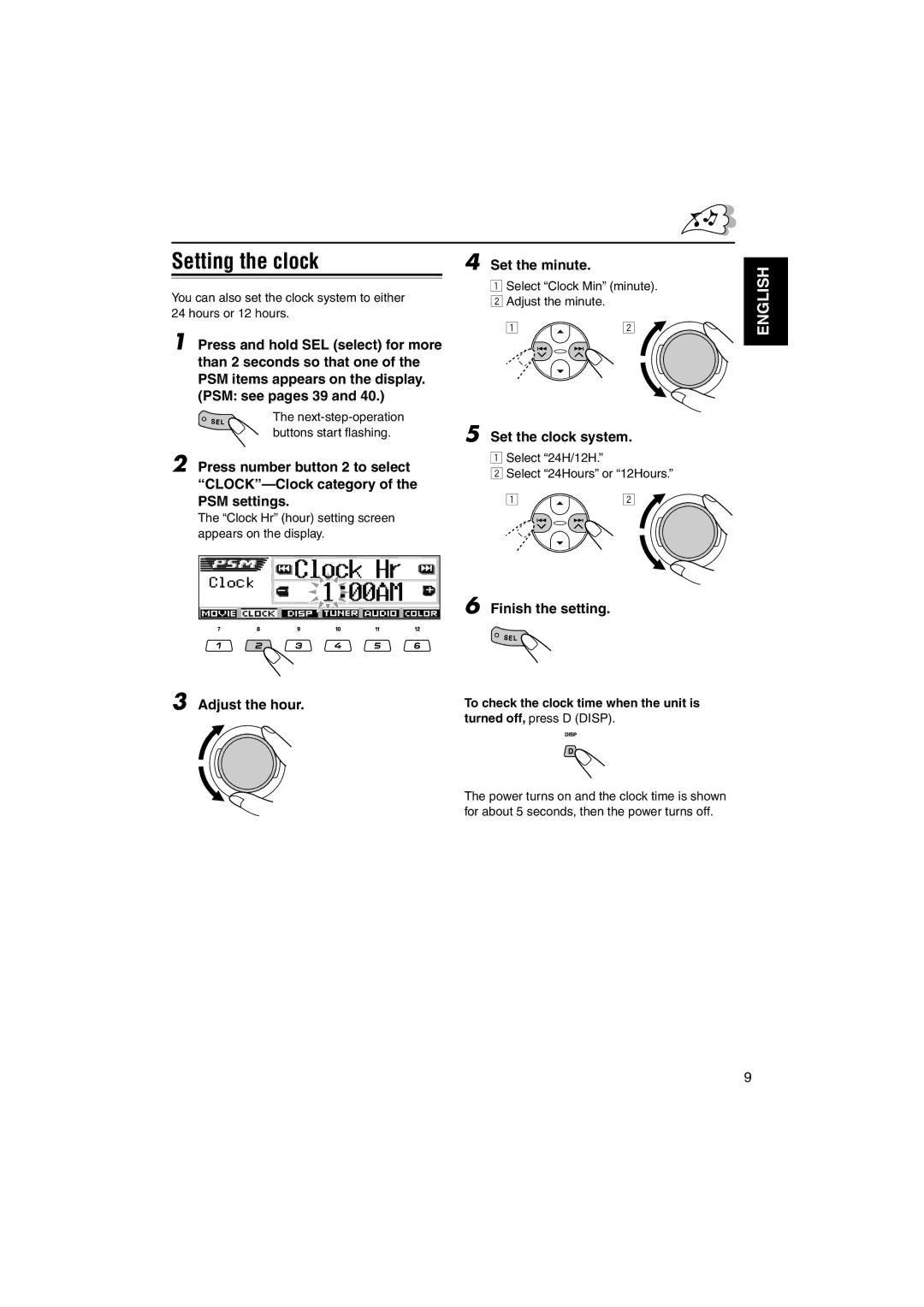 JVC KD-LH3150, KD-LH3100 manual Setting the clock, Adjust the hour Set the minute, Set the clock system 