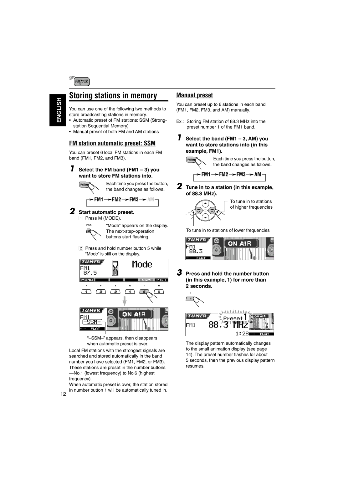 JVC KD-LH3105 manual Storing stations in memory, FM station automatic preset SSM, Manual preset 