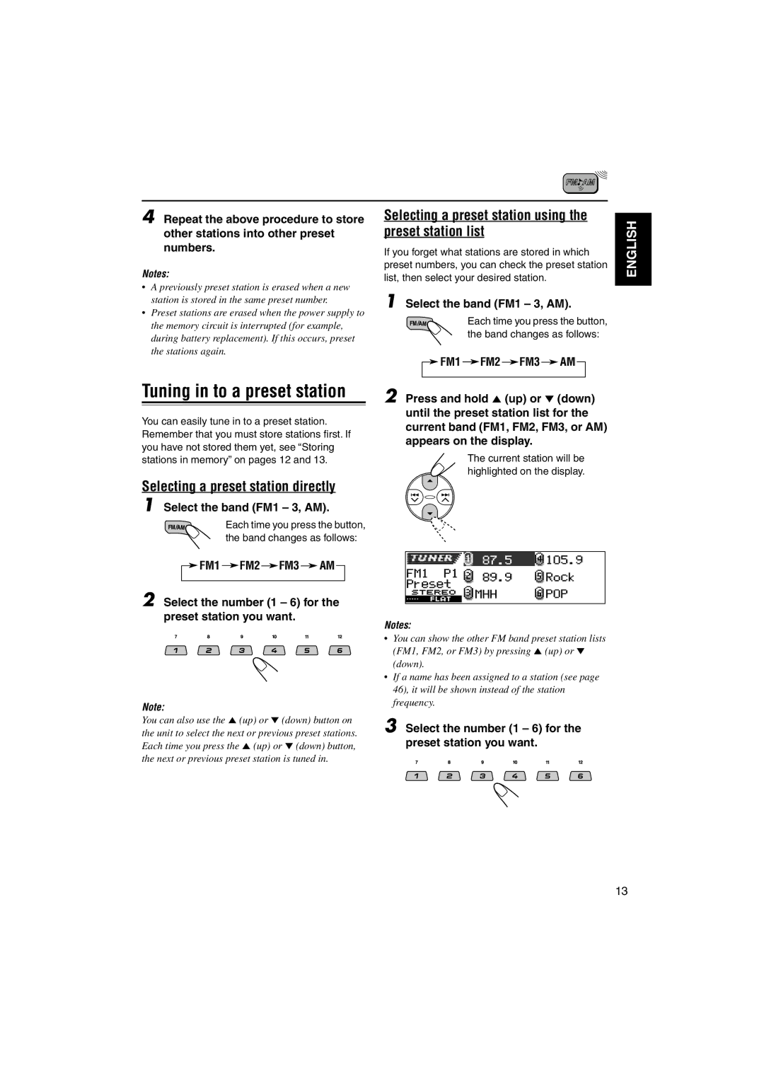 JVC KD-LH3105 manual Selecting a preset station directly, Selecting a preset station using the preset station list 