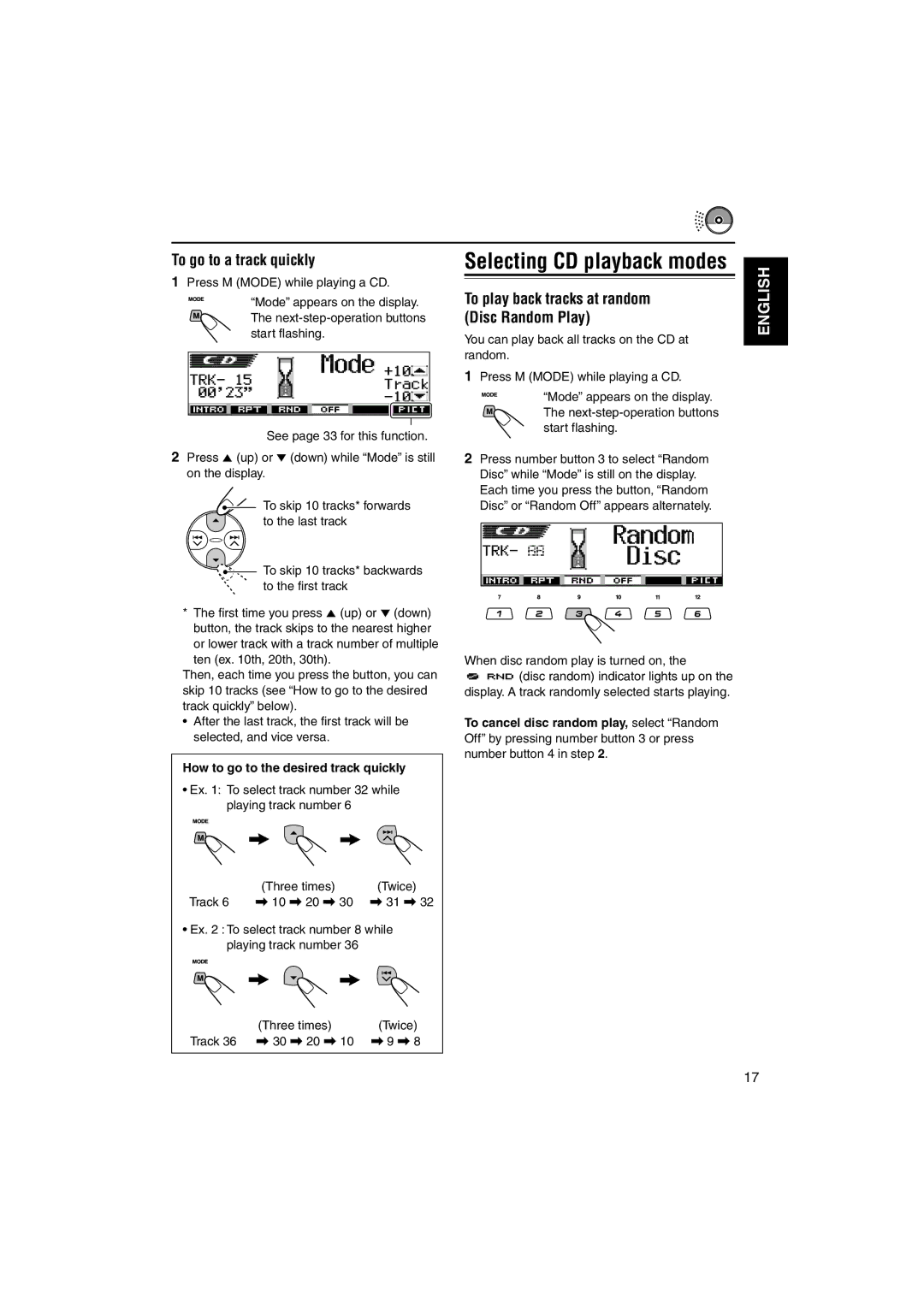 JVC KD-LH3105 manual To go to a track quickly, To play back tracks at random Disc Random Play 