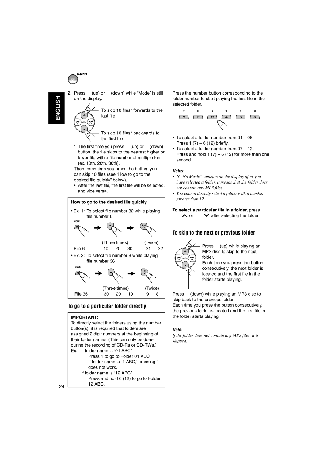 JVC KD-LH3105 manual To go to a particular folder directly, To skip to the next or previous folder 