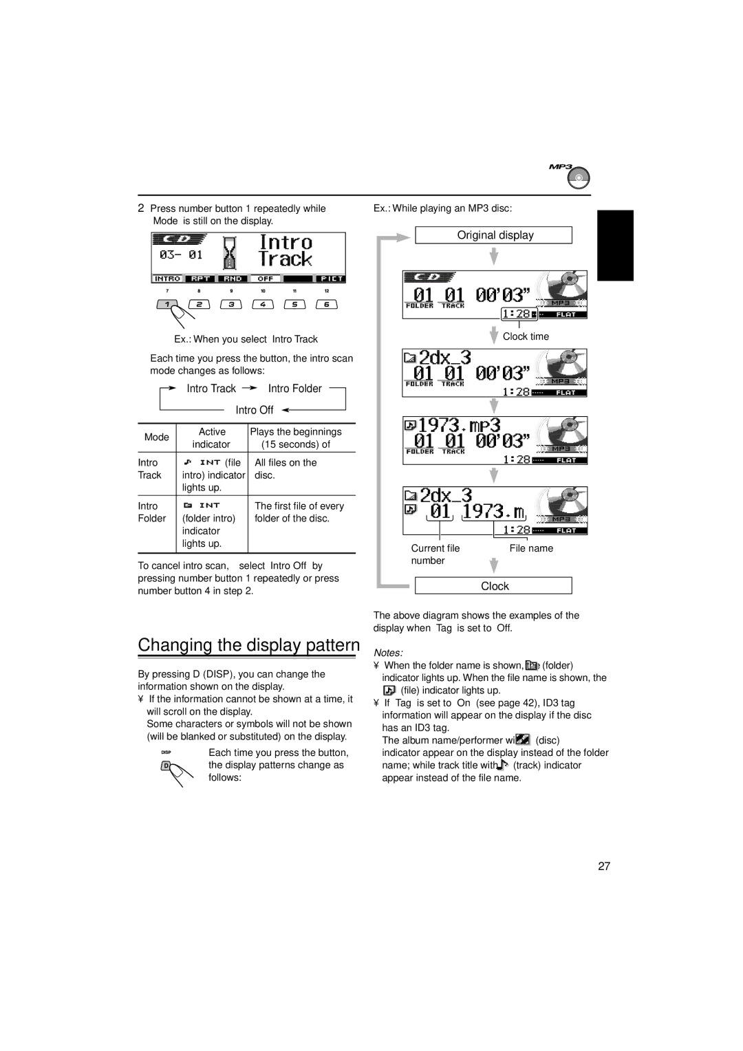 JVC KD-LH3105 manual Intro Track Intro Folder Intro Off, Seconds, Clock time Current file File name Number 