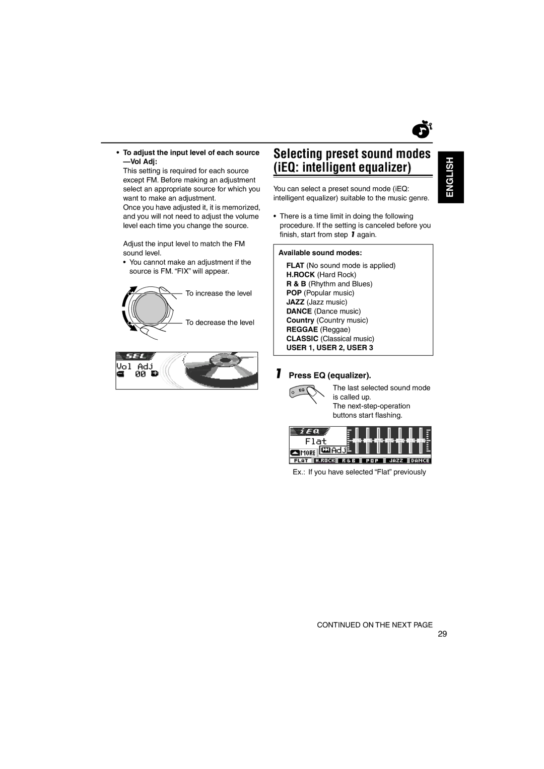 JVC KD-LH3105 manual Press EQ equalizer, To adjust the input level of each source -Vol Adj, Available sound modes 